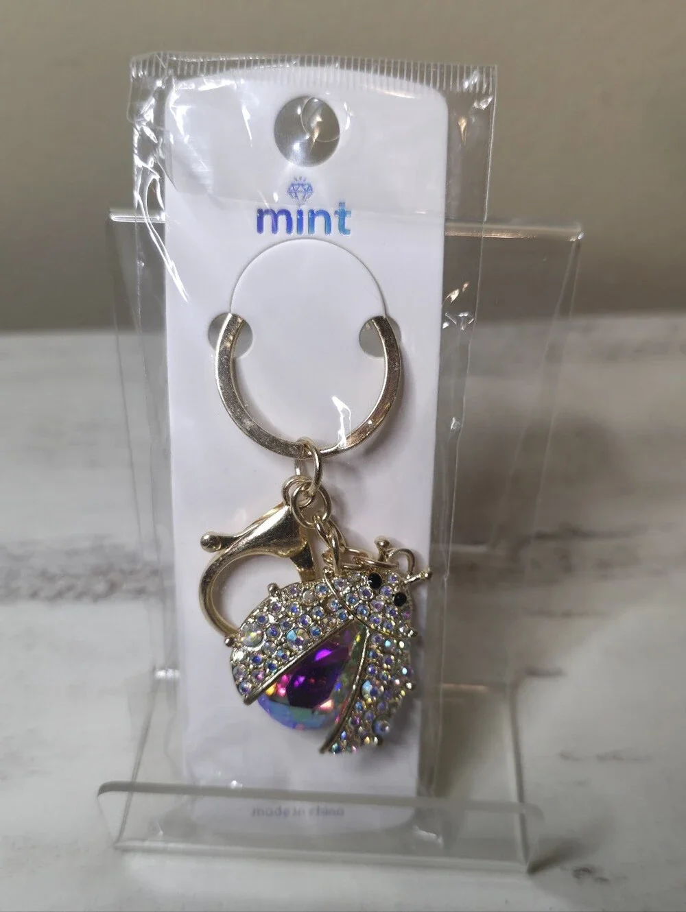 Mint Gold-Tone Iridescent Purple Crystal Beetle Key & Card Holder